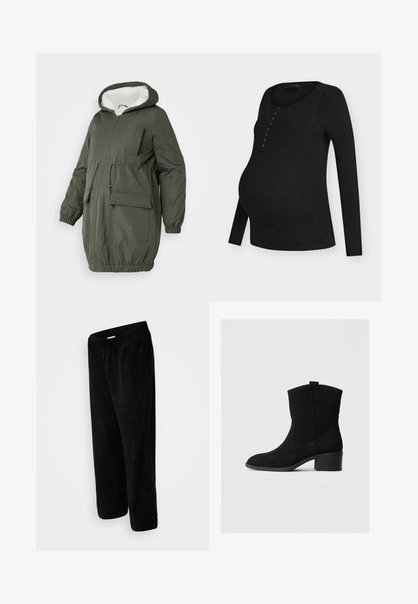 Olivgrüner Parka mit gefütterter Kapuze, durchgehendem Reißverschluss, elastischen Bündchen und mehreren Taschen. Hergestellt aus glattem, wasserabweisendem Material.; Schwarzes, langärmeliges, geripptes Umstandsshirt mit rundem Ausschnitt und Knopfleiste vorne, leicht abgerundetem Saum.; Schwarze Cordhosen mit entspannter Passform, ausgestattet mit einem elastischen Bund und cropped Länge. Weicher Stoff mit vertikalem Rippmuster.; Schwarze Wildleder-Stiefeletten mit runder Zehenpartie, kleinem Absatz und gestickten Akzenten. Mit einem Zugriemen an der Rückseite für einfaches An- und Ausziehen.