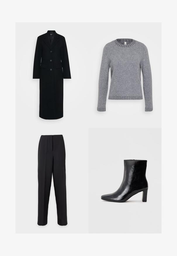 Lang sort kvindernes frakke med klapkrave, tre knapper fortil og stiklommer på begge sider.; ONLY Tall ONLFINA O NECK - Striktrøje - medium grey melange/dark grey melange; Sorte, lige bukser med høj talje og pressefold foran på en ensfarvet lys baggrund.; Sorte ankelstøvler lavet af blank læder, med spidse tæer og en mellemstor blokhæl, med en glat tekstur og et enkelt design.