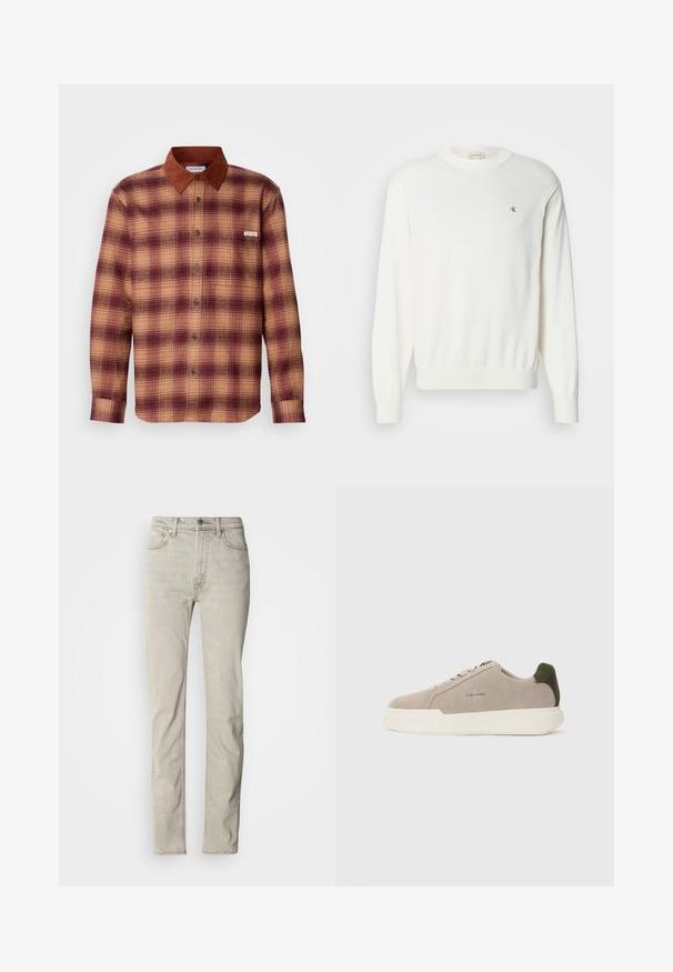 Skjorte med tern i nuancer af rød og beige, med en krave i brunt ruskind, knaplukning foran og lange ærmer med knapmanchetter.; Hvid strikket sweater med lange ærmer, ribbede manchetter og kant, med et lille rødt logo på brystet. Blød tekstur, rund halsudskæring.; Beige denimjeans med lige ben, fem-lomme-design og knaplukning. Har en subtil tekstur og minimale syningsdetaljer.; Beige ruskinds sneakers med en hvid gummisål, der har en mørkegrøn hælaccent og subtil branding på siden.