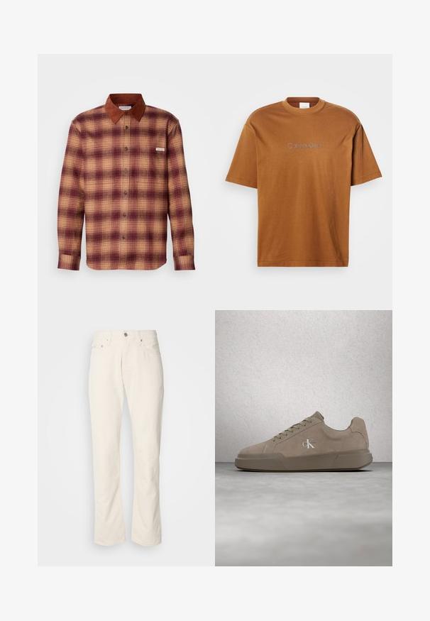 Geruite shirt in tinten van rood en beige, met een bruine suède kraag, knopen aan de voorkant en lange mouwen met knoopmanchetten.; Bruine katoenen t-shirt met korte mouwen en een ronde hals. Voorzien van "Calvin Klein" in lichtgrijs geborduurd op de voorkant.; Beige katoenen jeans met een klassiek recht model, met een knoopsluiting aan de voorkant, vijf zakken en subtiele stikdetails.; Beige suède sneaker met veters en "ck"-logo, zwevend boven een gepolijste betonnen vloer met een achtergrond van glazen blokken.