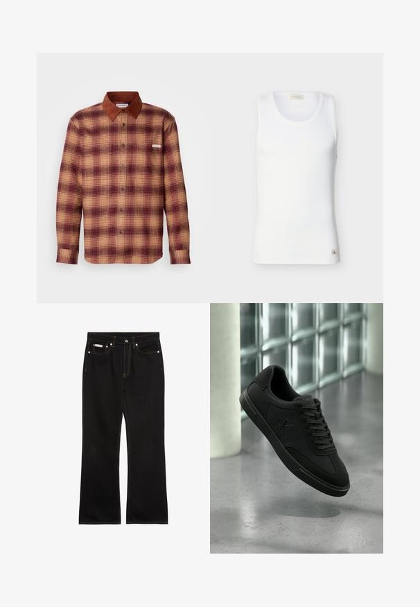 Skjorte med tern i nuancer af rød og beige, med en krave i brunt ruskind, knaplukning foran og lange ærmer med knapmanchetter.; Hvid ribbet ærmeløs tanktop med rund halsudskæring og lille Calvin Klein-logo mærke nær kanten på ensfarvet baggrund.; Sorte jeans med lige ben, orange syning, fem lommer, knaplukning og et lille Calvin Klein-mærke på den forreste højre lomme.; Sort lavtop sneakers med snørebånd og "CK"-logo på siden, svævende over poleret beton gulv nær væg af glasblokke.