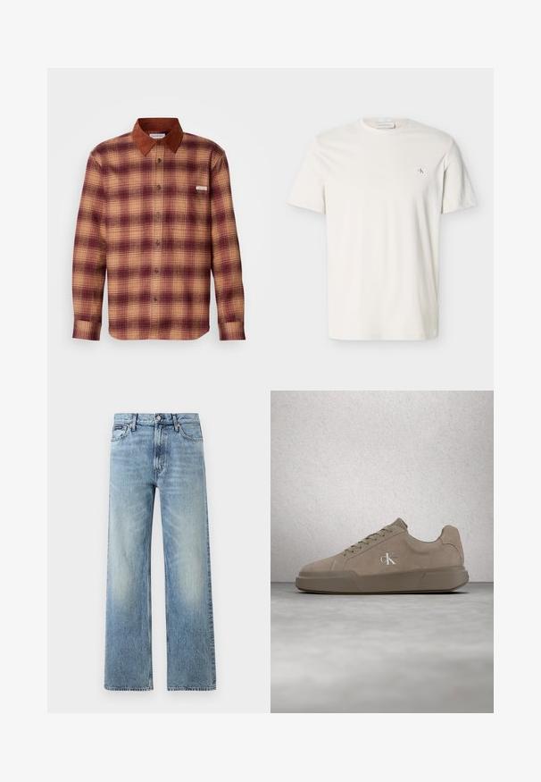 Skjorte med tern i nuancer af rød og beige, med en krave i brunt ruskind, knaplukning foran og lange ærmer med knapmanchetter.; Ren hvid T-shirt med korte ærmer, rund hals og lille CK-logo på venstre bryst.; Lyseblå denim jeans med lige ben, højt talje, fem lommer, knaplukning og diskrete falmede områder på lår og knæ.; Beige ruskind sneakers med snørebånd og "ck" logo, vist svævende over poleret beton gulv med glasblokvæg i baggrunden.