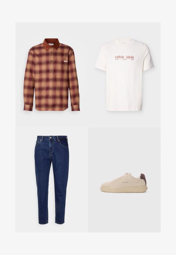 Kariertes Hemd in Rot- und Beigetönen, mit einem braunen Wildlederkragen, Knopfleiste und langen Ärmeln mit geknöpften Manschetten.; Weißes Baumwoll-T-Shirt mit rotem Text "calvin klein new york city." Kurzärmlig mit Rundhalsausschnitt.; Dunkelblaue Jeans mit geradem Bein, vorderer Knopf- und Reißverschluss, Gürtelschlaufen sowie Vorder- und Gesäßtaschen.; Beige Wildleder-Sneaker mit runder Spitze, Schnürung vorne und einem braunen Wildlederakzent an der Ferse. Verfügt über eine strukturierte Gummisohle.