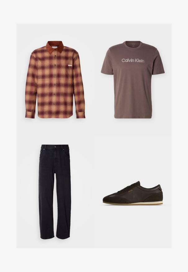 Geruite shirt in tinten van rood en beige, met een bruine suède kraag, knopen aan de voorkant en lange mouwen met knoopmanchetten.; Bruine T-shirt met korte mouwen en ronde hals, met het "Calvin Klein" logo tekst centraal op de borst.; Zwarte spijkerbroek met een losse pasvorm, voorzien van een hoge taille, vijf zakken en metalen knopen. De stof heeft een matte textuur.; Donkerbruine leren en suède sneaker met veters aan de voorkant, lichte zool en "BOSS"-logo in goud aan de zijkant.
