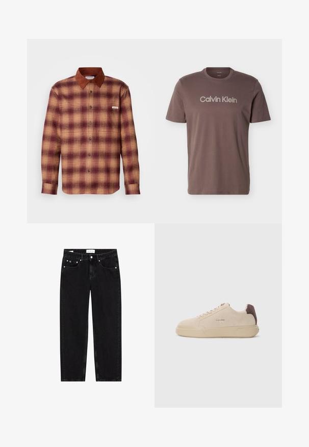 Skjorte med tern i nuancer af rød og beige, med en krave i brunt ruskind, knaplukning foran og lange ærmer med knapmanchetter.; Brun T-shirt med korte ærmer og rund hals med "Calvin Klein" logo tekst centreret på brystet.; Sorte denim jeans med lige pasform, let slidte teksturer, fem lommer og sølvfarvede detaljer. Mærke på taljebåndet.; Beige ruskind sneakers med rund tå, snørret foran og en brun ruskindsdetalje på hælen. Har en tekstureret gummisål.