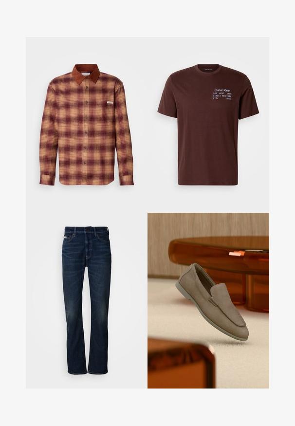 Geruite shirt in tinten van rood en beige, met een bruine suède kraag, knopen aan de voorkant en lange mouwen met knoopmanchetten.; Bruine katoenen T-shirt met korte mouwen, een ronde hals en bedrukte tekst in wit en lichtblauw. De tekst bevat merk- en adresgegevens.; Donkerblauwe denim jeans met een recht model, voorzien van subtiele vervaging, een knoopsluiting en traditionele vijfzakkenstijl.; Beige suède instapschoen met zichtbare stiksels en lichte zool, geplaatst bovenop een crèmekleurig tapijt, met oranje doorschijnend meubilair op de achtergrond.
