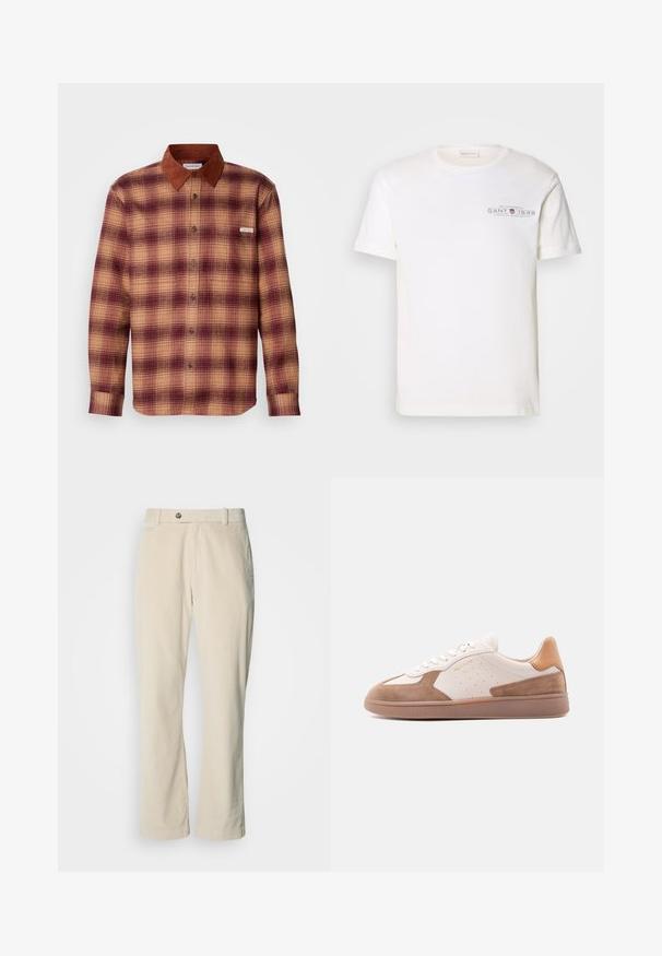 Geruite shirt in tinten van rood en beige, met een bruine suède kraag, knopen aan de voorkant en lange mouwen met knoopmanchetten.; Witte katoenen t-shirt met ronde hals, korte mouwen en een bedrukt logo. Heeft een minimalistisch design en een relaxte pasvorm.; Beige corduroy broeken met een knoop- en ritssluiting, riemlussen en rechte pijpen op een witte achtergrond.; Witte en beige lage sneaker met suède details, geperforeerde zijkanten, witte veters en een getextureerde gumzool, zijaanzicht op een witte achtergrond.