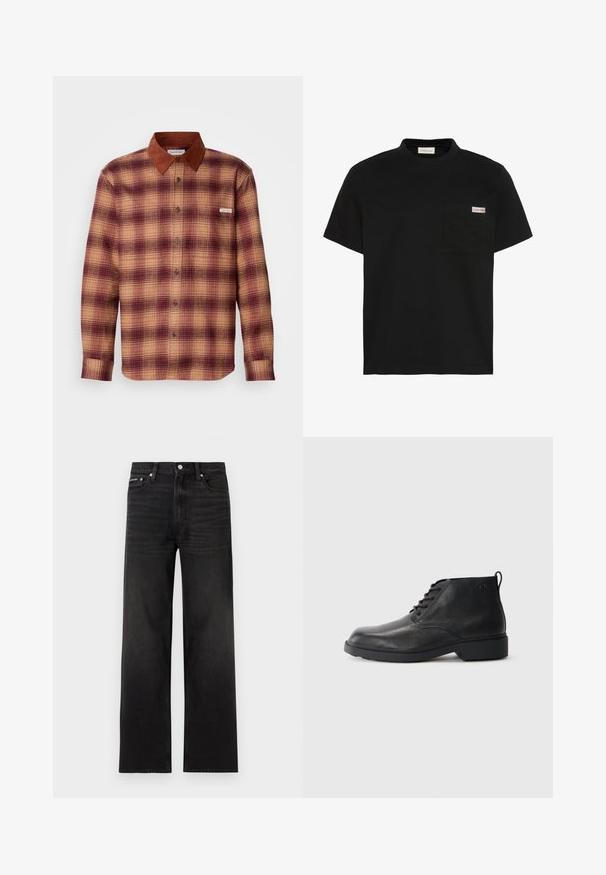 Geruite shirt in tinten van rood en beige, met een bruine suède kraag, knopen aan de voorkant en lange mouwen met knoopmanchetten.; Zwart T-shirt met korte mouwen en een borstzak aan de linkerkant met een klein Calvin Klein-logo.; Zwarte jeans met rechte pijpen, vijf zakken, riemlussen en knoopsluiting, weergegeven op een witte achtergrond.; Zwarte leren laarzen met een gestructureerde afwerking, ronde neus, vetersluiting aan de voorkant en een stevige rubberen zool. Voorzien van een klein aantreklipje aan de achterkant.