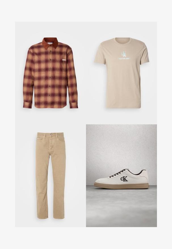 Kariertes Hemd in Rot- und Beigetönen, mit einem braunen Wildlederkragen, Knopfleiste und langen Ärmeln mit geknöpften Manschetten.; Beige Baumwoll-T-Shirt mit kurzen Ärmeln und Rundhalsausschnitt. Auf der Vorderseite befindet sich ein blaues Logo mit "CK" und dem Text "Calvin Klein Jeans".; Beige Baumwollhose mit geradem Bein, ausgestattet mit Fronttaschen, einem Knopfverschluss und dezenten Nähten entlang der Säume.; Weißer Sneaker mit braunen Akzenten, Veloursledermaterial, flachen Schnürsenkeln und einer Gummisohle. Verfügt über ein Logo an der Seite und eine glatte Textur.