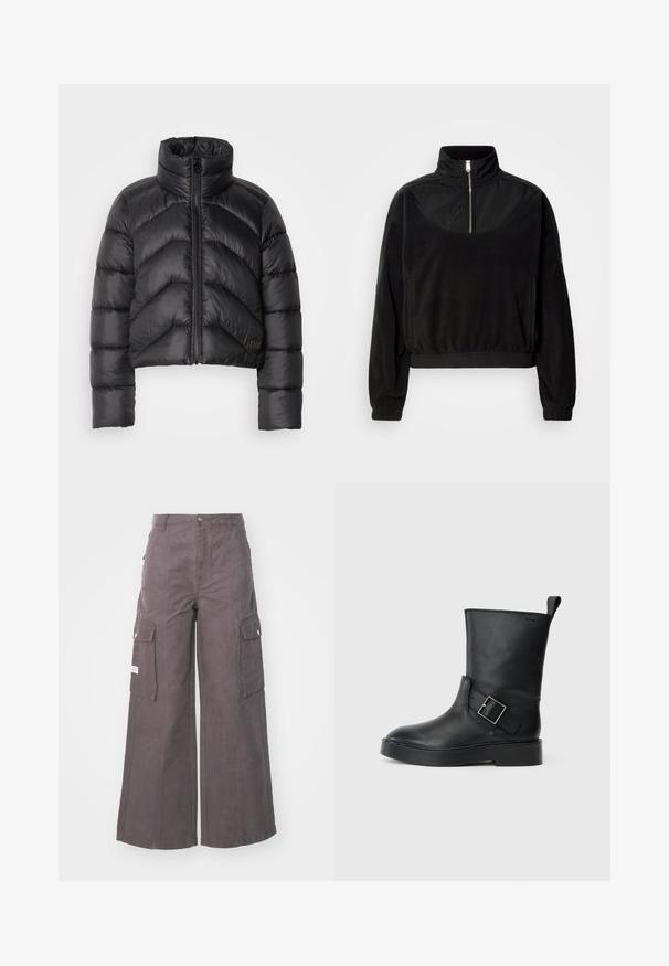 Schwarze, kurz geschnittene Pufferjacke mit hohem Kragen, Reißverschluss vorne, Chevron-Steppung und glatter Textur.; Schwarzer Halbzip-Pullover mit hohem Kragen, langen Ärmeln, elastischen Bündchen und seitlichen Taschen, auf einem einfarbigen weißen Hintergrund präsentiert.; Graue weite Cargo-Hosen aus strapazierfähigem Stoff, mit vier großen Taschen, einem vorderen Knopfverschluss und einer locker sitzenden Passform.; Schwarze Lederstiefelette mit runder Zehenform, flacher Sohle und einem silbernen Schnallenakzent an der Seite. Verfügt über eine Zuglasche an der Rückseite.