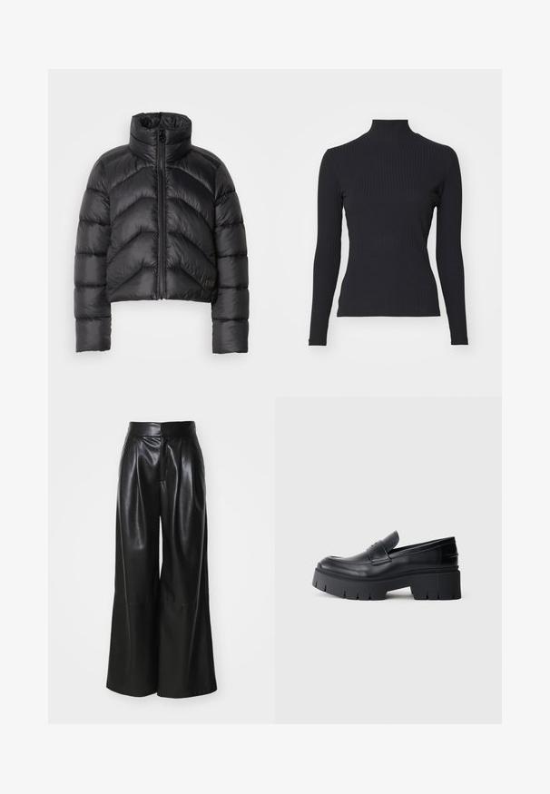 Schwarze, kurz geschnittene Pufferjacke mit hohem Kragen, Reißverschluss vorne, Chevron-Steppung und glatter Textur.; Schwarzes, geripptes Rollkragenoberteil mit langen Ärmeln. Aus dehnbarem Stoff mit figurbetonter Passform und hohem Kragen. Einfaches Design ohne Verzierungen.; Schwarze Kunstleder-Hosen mit weit geschnittenem Bein, hoher Taille, plissierter Vorderseite und glatter Textur. Verfügt über ein sauberes, minimalistisches Design.; Schwarzer klobiger Plateau-Schlüpfschuh mit glattem Lederoberteil, dekorativem Riemen und dicker strukturierter Sohle auf weißem Hintergrund.