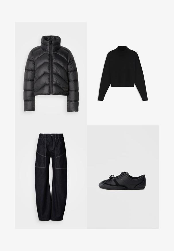 Schwarze, kurz geschnittene Pufferjacke mit hohem Kragen, Reißverschluss vorne, Chevron-Steppung und glatter Textur.; Schwarzer, kurz geschnittener Pullover mit langen Ärmeln, mit geripptem hohem Kragen, Bündchen und Saum, flach auf weißem Hintergrund dargestellt.; Dunkelblaue, weit geschnittene Denim-Hosen mit mehreren Vorder Taschen, kontrastierenden Nähten und einem Knopfverschluss an der Taille. Glatte Textur und lässiges Design.; Schwarzer Sneaker mit niedrigem Profil, Schnürung, glatter und glänzender Oberfläche, minimalen Nähten und flacher Sohle auf schlichtem Hintergrund.