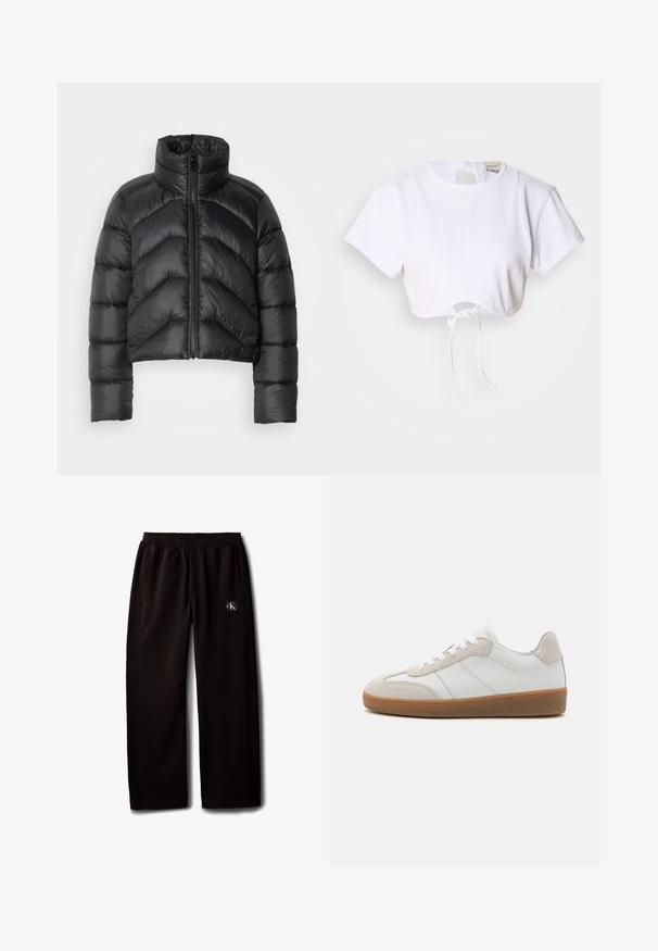 Zwarte cropped pufferjack met hoge kraag, voorzien van een ritsopening, chevronstiksel en een gladde textuur.; Witte cropped t-shirt gemaakt van gladde stof. Heeft een ronde halslijn, korte mouwen en een trekkoord onderaan voor aanpassing.; Zwarte wijde broek met elastische tailleband en zijzakken, met een klein Calvin Klein logo-patch op de rechterdij.; Witte leren sneakers met beige suède accenten, een gestructureerde tong en een rubberen zool. Voorzien van witte veters en subtiele gestikte details.