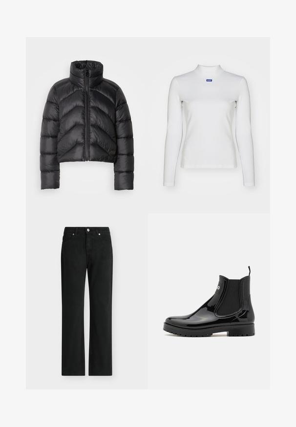 Schwarze, kurz geschnittene Pufferjacke mit hohem Kragen, Reißverschluss vorne, Chevron-Steppung und glatter Textur.; Weißes langärmliges Rollkragenshirt aus dehnbarem Material mit taillierter Passform und kleinem blauen Logo auf der Brust.; Schwarze Jeans mit geradem Bein, vorne mit Knopf- und Reißverschluss, fünf Taschen und Gürtelschlaufen.; HUGO TABITA - Gummistiefel - black