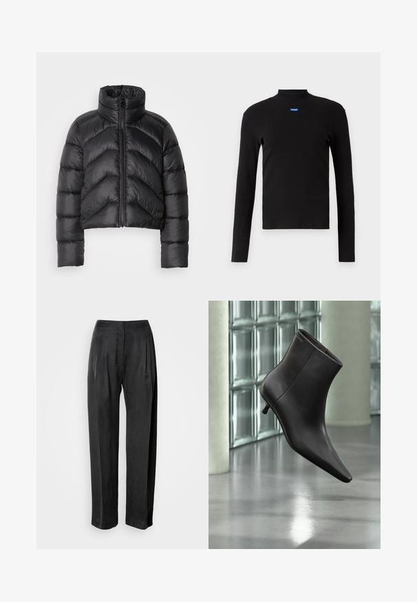 Schwarze, kurz geschnittene Pufferjacke mit hohem Kragen, Reißverschluss vorne, Chevron-Steppung und glatter Textur.; HUGO EASY - Langarmshirt - schwarz; Schwarze Hosen mit weitem Bein aus glattem Stoff, mit vorderen Falten, einem Reißverschluss und einem klassischen Bunddesign.; Schwarzer Leder-Knöchelstiefel mit spitzer Spitze und kleinem Absatz vor einer Wand aus Glasbausteinen und einem polierten Boden.