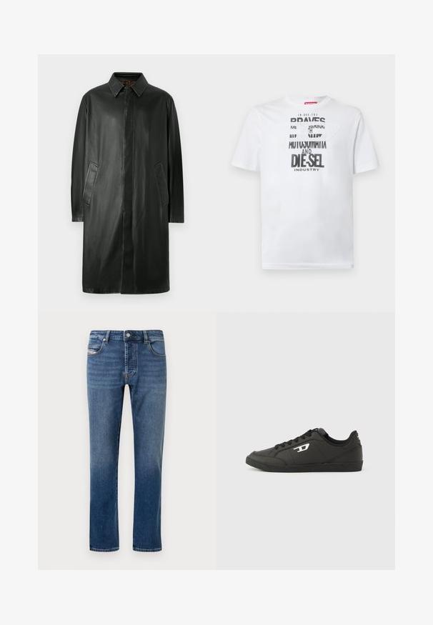 Schwarzer Lederanzug mit einem Kragenhals, langen Ärmeln und Seitentaschen. Glatte Textur und geradliniges Design.; Weißes Baumwoll-T-Shirt mit fetter schwarzer Typografie und den Worten "BRAVES" und "DIE-SEL INDUSTRY" sowie einem halbtransparenten Cutout-Design.; Dunkelblaue Jeans aus Denim mit geradem Schnitt, fünf Taschen und Knopfverschluss. Mit hellen Verwaschungen und Ziernähten versehen.; Schwarze Sneakers aus synthetischem Material mit einer strukturierten schwarzen Sohle, rundem Zehenbereich und flachen schwarzen Schnürsenkeln. Auffälliges weißes Logo auf der Außenseite.