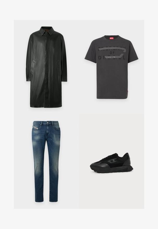 Zwarte leren jas met een kraag, lange mouwen en zijzakken. Glad textuur en recht gesneden ontwerp.; Grijze katoenen t-shirt met vetgedrukte zwarte tekst "EIGENDOM VAN D.I.E.S.E.L.", met een gladde textuur en korte mouwen.; Donkerblauwe spijkerbroek met een vervaagde wassing, recht model en een licht beschadigde knie. Voorzien van voorzakken en een metalen knoopsluiting.; Zwarte lage sneaker met een gestructureerde zool, mesh en leren bovenwerk, veters aan de voorkant en een klein reliëflogo op het zijpaneel.