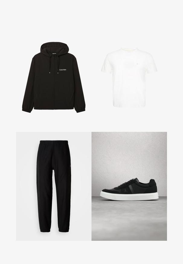 Veste noire zippée à capuche avec poches avant, poignets élastiques, cordons et logo Calvin Klein blanc sur la poitrine gauche.; T-shirt blanc à manches courtes et col rond avec un petit logo "ck" brodé sur la poitrine gauche.; Pantalons de survêtement noirs avec une taille élastique, jambes fuselées et poignets. Texture de tissu lisse. Détail du logo sur le côté.; Baskets en cuir noir avec semelle blanche et lacets noirs, arborant le logo « ck » sur le côté, flottant au-dessus d'un sol en béton poli.