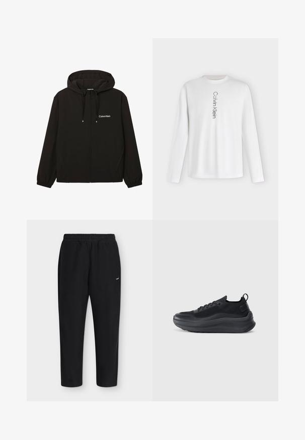Veste noire zippée à capuche avec poches avant, poignets élastiques, cordons et logo Calvin Klein blanc sur la poitrine gauche.; T-shirt blanc à manches longues avec col rond, logo "Calvin Klein" imprimé en noir verticalement au centre devant.; Pantalon de survêtement noir à taille élastique avec jambes fuselées et petit logo blanc de la marque sur la cuisse supérieure.; Baskets de sport noires avec un dessus en mesh, des accents texturés et une semelle en caoutchouc épaisse. Présente un tirant à l'arrière et un design à lacets.