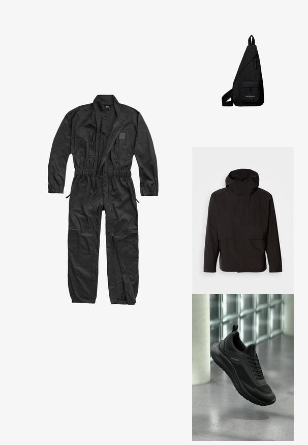 Schwarze Kapuzenjacke mit minimalistischem Design, Reißverschluss und zwei Fronttaschen. Aus glattem, leichtem Stoff gefertigt.; Brandit BRANDIT HERREN EINSATZKOMBI - Jumpsuit - black; Schwarzer Calvin Klein Sneaker mit Mesh- und synthetischem Obermaterial, dicker Sohle und Schnürsenkeln, schwebend über einem grauen Boden in der Nähe von Glasbausteinen dargestellt.; Schwarze dreieckige Crossbody-Tasche mit vorderer Reißverschlusstasche mit Calvin Klein Logo und verstellbarem Riemen.