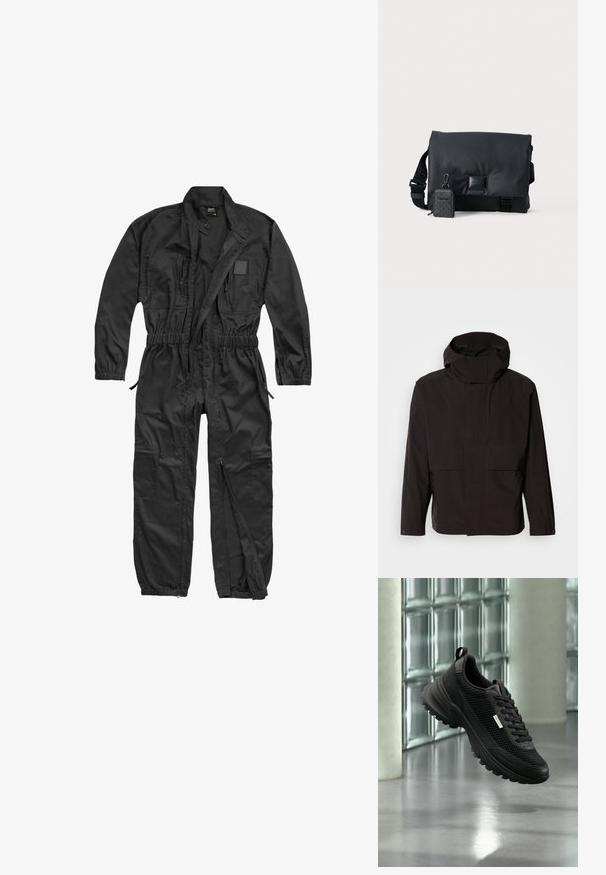 Čierna kapucňová bunda s minimalistickým dizajnom, so zapínaním na zips a dvoma prednými vreckami. Vyrobená z hladkej, ľahkej tkaniny.; Brandit BRANDIT HERREN EINSATZKOMBI - Overal - black; Čierna športová teniska s priedušnými bočnými panelmi a hrubou podrážkou, plávajúca v interiéri pri sklenených blokoch a stĺpoch na hladkej podlahe.; Čierna messenger taška s elegantným, hladkým povrchom, nastaviteľným popruhom a malým odnímateľným vreckom s geometrickým vzorom.