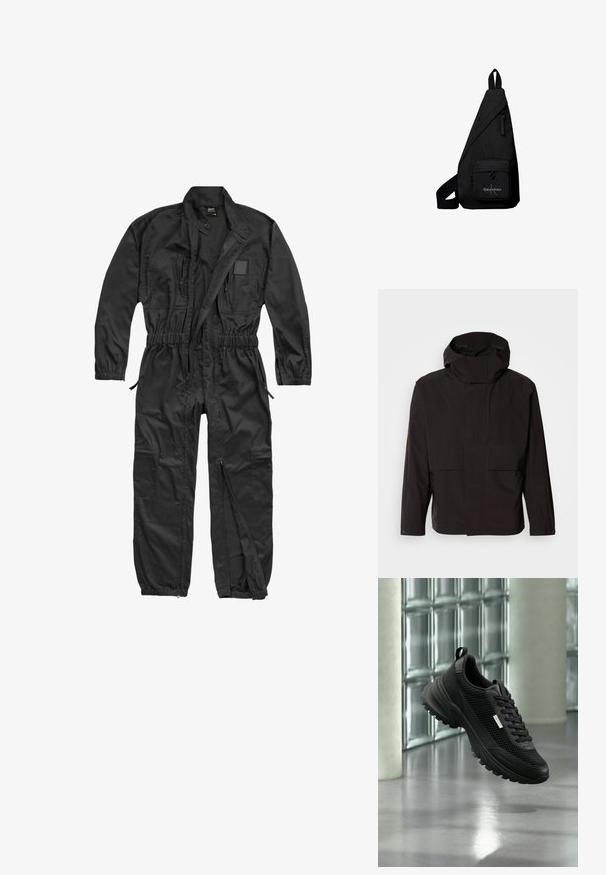 Zwarte capuchonjack met een minimalistisch ontwerp, ritssluiting en twee voorzakken. Gemaakt van glad, lichtgewicht stof.; Brandit BRANDIT HERREN EINSATZKOMBI - Jumpsuit - black; Zwarte sportieve sneaker met mesh zijkanten en dikke zool, die binnen zweeft nabij glasblokken en zuilen op een gladde vloer.; Zwarte driehoekige crossbodytas met voorvak met rits met Calvin Klein-logo en verstelbare band.