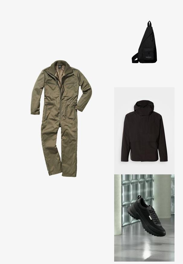 Zwarte capuchonjack met een minimalistisch ontwerp, ritssluiting en twee voorzakken. Gemaakt van glad, lichtgewicht stof.; Olijfgroene jumpsuit gemaakt van duurzaam weefsel, met een ritssluiting aan de voorkant, geribde kraag en meerdere met rits afsluitbare zakken op de borst en zijkanten.; Zwarte sportieve sneaker met mesh zijkanten en dikke zool, die binnen zweeft nabij glasblokken en zuilen op een gladde vloer.; Zwarte driehoekige crossbodytas met voorvak met rits met Calvin Klein-logo en verstelbare band.
