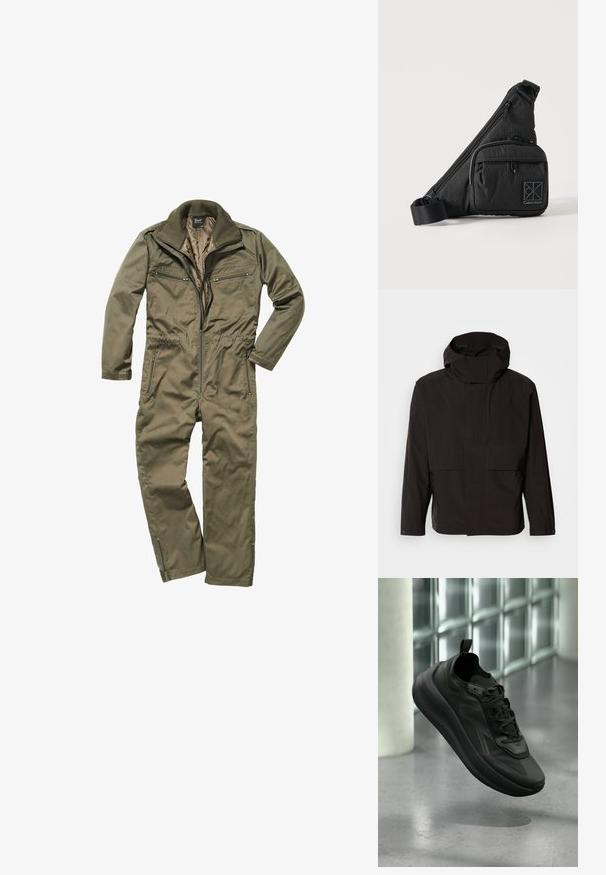Schwarze Kapuzenjacke mit minimalistischem Design, Reißverschluss und zwei Fronttaschen. Aus glattem, leichtem Stoff gefertigt.; Olivgrüner Overall aus strapazierfähigem Material, mit Reißverschluss vorne, geripptem Kragen und mehreren mit Reißverschluss versehenen Taschen auf der Brust und an den Seiten.; Schwarzer Calvin Klein Sneaker mit Schnürsenkeln, angehoben über einem polierten Betonboden, Glasblockwand und Säule im unscharfen Hintergrund.; Schwarze Calvin Klein Umhängetasche mit verstellbarem Riemen, vorderer Reißverschlusstasche und dezentem Logo-Muster auf schlichtem Hintergrund.