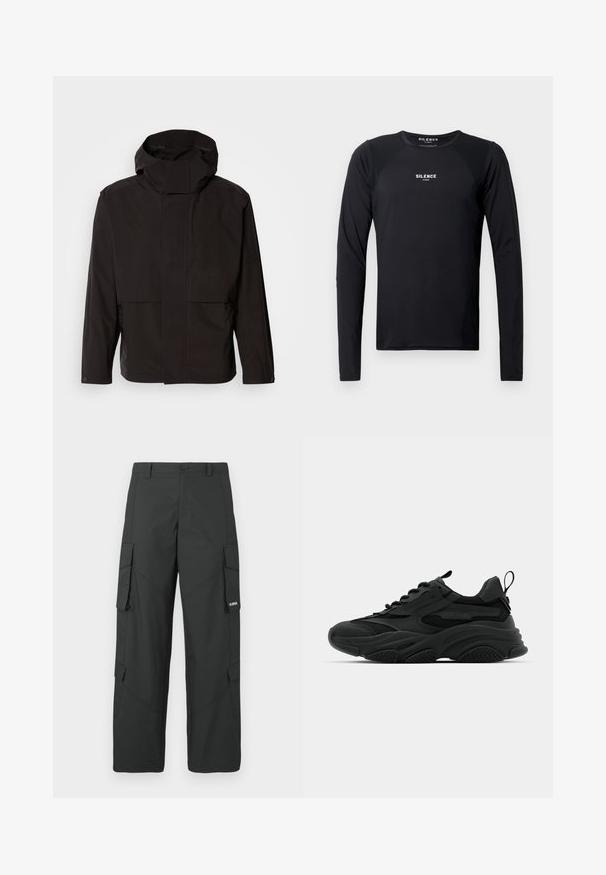 Sort hættejakke med et minimalistisk design, lynlåslukning og to frontlommer. Fremstillet af glat, letvægtsstof.; Sort langærmet træningsskjorte lavet af glat, letvægtsstof. Har rund hals, raglanærmer og en diskret logo på brystet.; Sorte straight-leg cargo bukser med sidelommer med klap, knaplukning, bæltestropper og et lille hvidt logo på klappen af højre lomme.; Sorte atletiske sneakers med en kraftig sål, meshpaneler og gummidetaljer. Har en trækflap ved hælen og strukturerede mønstre.