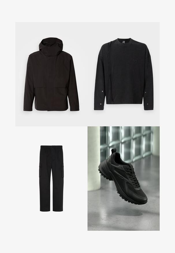 Sort hættejakke med et minimalistisk design, lynlåslukning og to frontlommer. Fremstillet af glat, letvægtsstof.; Sort langærmet sweatshirt med rund hals, der har et subtilt logo foran og trykknapdetaljer på ærmerne, lavet af blødt stof.; Sorte straight-leg cargobukser med elastisk talje, knaplukning og to klaplommer på siderne.; Sort atletiksneaker med tekstureret sål og snørebånd, svævende over en grå gulv med væg af glasblokke i baggrunden.