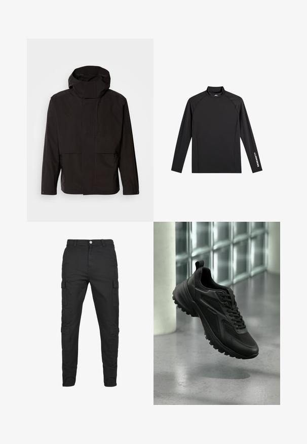 Chaqueta negra con capucha que presenta un diseño minimalista, cierre de cremallera y dos bolsillos frontales. Está hecha de una tela suave y ligera.; Camiseta negra deportiva de manga larga con cuello alto falso, corte ajustado y logo blanco "J.Lindeberg" en la manga izquierda y el cuello.; Pantalones cargo negros hechos de un tejido duradero. Presentan múltiples bolsillos laterales, un cierre de botón y un diseño de pierna ajustada. Parte delantera plana, sin patrones.; Zapatilla deportiva negra con suela texturizada y cordones, flotando sobre un suelo gris con fondo de pared de bloques de vidrio.