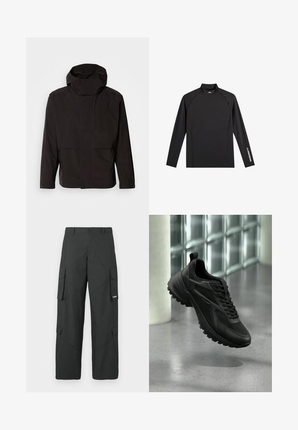 Schwarze Kapuzenjacke mit minimalistischem Design, Reißverschluss und zwei Fronttaschen. Aus glattem, leichtem Stoff gefertigt.; Schwarzes Langarm-Sportoberteil mit Stehkragen, schlanker Passform und weißem "J.Lindeberg"-Logo am linken Ärmel und Kragen.; Schwarze gerade Cargo-Hosen mit seitlichen Klappentaschen, Druckknopfverschluss, Gürtelschlaufen und kleinem weißen Logo auf der Klappentasche rechts.; Schwarzer Sportschuh mit strukturierter Sohle und Schnürsenkeln, schwebend über einem grauen Boden vor einer Glasbausteinwand.