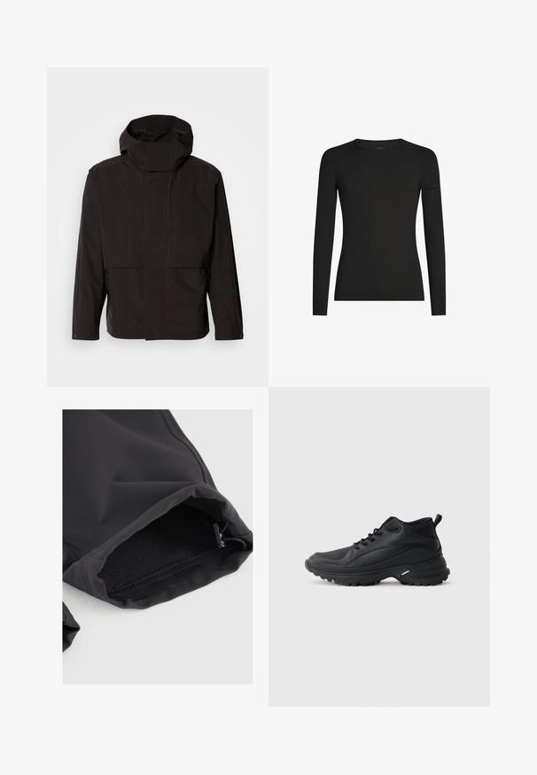 Schwarze Kapuzenjacke mit minimalistischem Design, Reißverschluss und zwei Fronttaschen. Aus glattem, leichtem Stoff gefertigt.; Schwarzes, langärmeliges, figurbetontes T-Shirt mit Rundhalsausschnitt und dezentem Icebreaker-Logo auf dem linken Ärmel, dargestellt vor weißem Hintergrund.; Schwarze Stoffhülse mit elastischem Bündchen, verfügt über eine glatte Textur und einen subtilen Glanz. Verstellbarer Kordelzug am Öffnungsrand für eine optimale Passform.; Schwarze Sportschuhe aus synthetischem Material. Ausgestattet mit einem gepolsterten Kragen, einer runden Spitze, einer robusten Laufsohle mit Profil und einem Markenlogo.