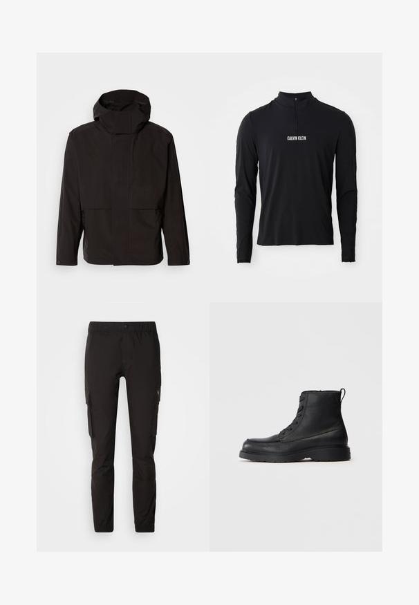 Chaqueta negra con capucha que presenta un diseño minimalista, cierre de cremallera y dos bolsillos frontales. Está hecha de una tela suave y ligera.; Top negro de manga larga con cuello alto, que presenta una cremallera de cuarto y el logo blanco "CALVIN KLEIN" en la parte frontal. Tejido suave y elástico.; Pantalones cargo negros hechos de una tela ligera, con una cintura elástica, bolsillos laterales y piernas ajustadas con puños ajustables.; Botín de tobillo negro de cuero texturizado con cordones, suela gruesa y lengüeta en la parte trasera, vista lateral.