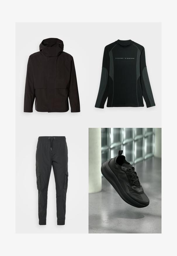 Sort hættejakke med et minimalistisk design, lynlåslukning og to frontlommer. Fremstillet af glat, letvægtsstof.; Sort langærmet skjorte med høj krave, lavet af tekstureret stof. Har grå sidepaneler og "NIKE TECH" logo over brystet.; Sorte cargo bukser lavet af letvægtsstof, med en justerbar snøre i taljen, elastiske manchetter og to sidelommer.; Sort Calvin Klein-sneaker med snørebånd løftet over poleret betongulv, glasblokvæg og søjle i sløret baggrund.