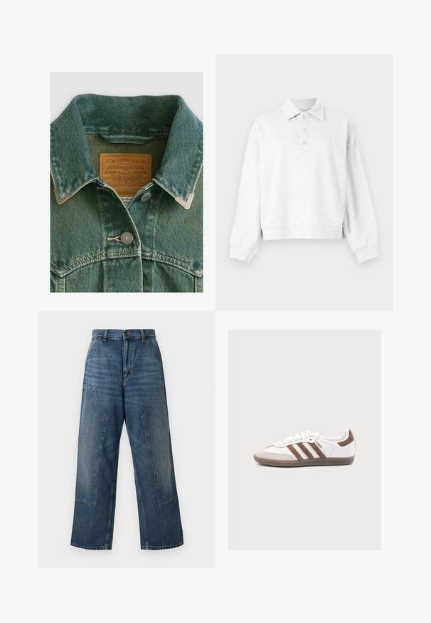 Chaqueta de mezclilla en teal desgastado con un cuello puntiagudo, botones de hardware plateados y una etiqueta de cuero con los detalles de la marca.; Jersey de manga larga color gris claro con cuello y tres botones en la tapeta, puños acanalados y un dobladillo ligeramente cropado.; Vaqueros de pernera ancha en un lavado azul medio, con cintura alta y detalles de paneles en contraste. Fabricados con material de algodón resistente.; Zapatilla blanca Adidas Samba con franjas de ante marrón, puntera de ante marrón y suela de goma sobre un fondo gris claro.