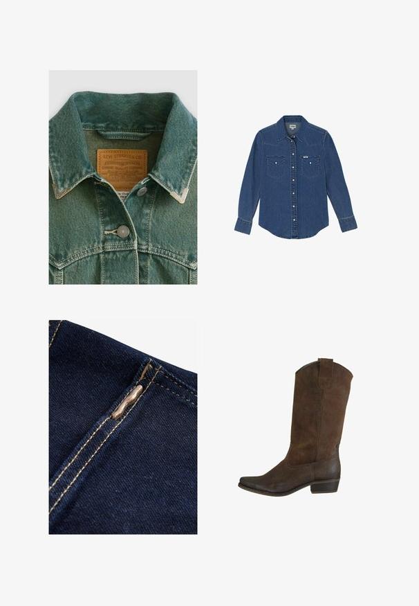 Denim jas in vervaagd teal met een puntige kraag, zilveren knopen en een leren label met merkinformatie.; Wrangler LONG SLEEVE WESTERN FOR REGULAR FIT - Overhemdblouse - dark wash; Next REGULAR FIT - WIDE LEG - Flared Jeans - rinse blue; Bruine suède cowboylaarzen met een puntige neus, middellange schacht en een gestapelde hak. Voorzien van subtiele stiksels en een lus voor gemakkelijk aan- en uittrekken.