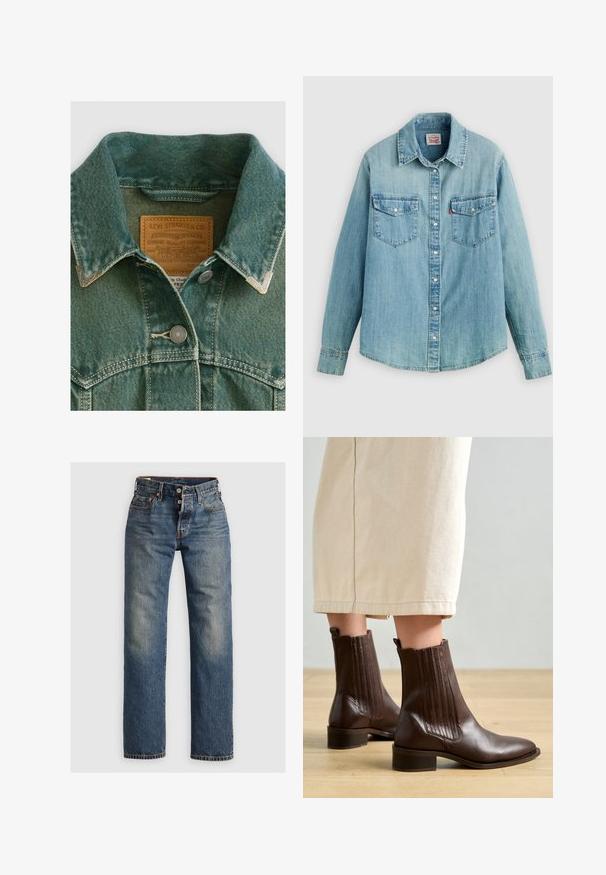 Denimjakke i falmet teal med spidse kraver, sølvfarvede hardware-knapper og et lædermærke med brandoplysninger.; Lyseblå denimskjorte med klassisk krave, knaplukning foran, to brystlommer og manchetter med knap samt en let buet kant forneden.; Blå denimjeans med lige ben, der har synlige sømme, en lynlås, og fem lommer. Udsatte områder tilføjer tekstur.; Pavement SHANI - Støvletter - brown