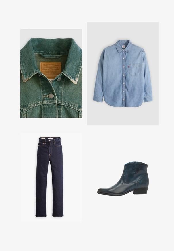 Denimjakke i falmet teal med spidse kraver, sølvfarvede hardware-knapper og et lædermærke med brandoplysninger.; Lyseblå denimskjorte med button-down-krave, forlompe og lange ærmer. Har en buet kant og en subtil tekstur.; Mørkeblå straight-leg denim jeans med fem lommer og synlig orange syning på hvid baggrund.; Cowboy ankel støvler lavet af mørkeblåt læder, med spidse tæer, buede detaljer og en lav, stablet hæl med subtile syninger.