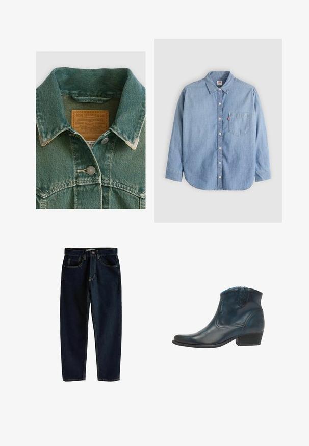 Denim jas in vervaagd teal met een puntige kraag, zilveren knopen en een leren label met merkinformatie.; Lichtblauw denimoverhemd met een button-down kraag, borstzakje en lange mouwen. Heeft een afgeronde zoom en een subtiele textuur.; Donkerblauwe denim jeans met een rechte snit, vijf zakken en contrasterende gouden stiksels. Voorzien van een knoop en een ritssluiting aan de voorkant.; Cowboyenklaar met een donkerblauwe leren uitvoerig, met een puntige neus, gebogen accenten en een lage gestapelde hak met subtiele stiksels.