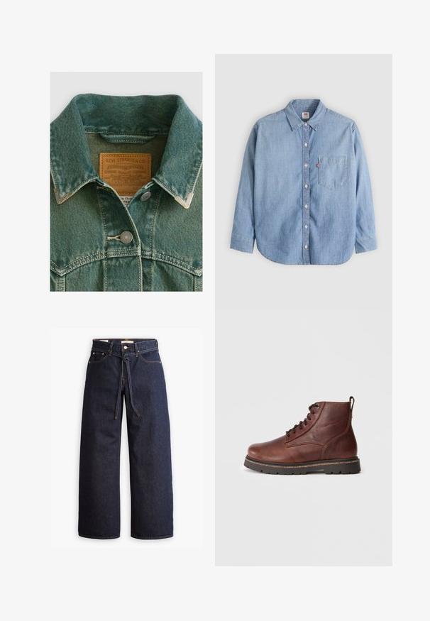 Denimjakke i falmet teal med spidse kraver, sølvfarvede hardware-knapper og et lædermærke med brandoplysninger.; Lyseblå denimskjorte med button-down-krave, forlompe og lange ærmer. Har en buet kant og en subtil tekstur.; Bredde ben mørkeblå denim jeans med høj talje, der har snoretræk, fem lommer og kontrastsyet detaljer.; Brun læder ankelstøvle med sorte snørebånd, tyk sort gummisål og en løkker til nem påtagning på hvid baggrund.