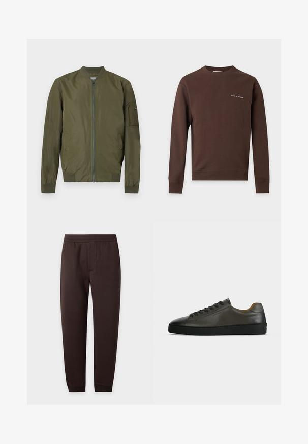 Χακί bomber μπουφάν με φερμουάρ μπροστά, ribbed γιακά, μανσέτες, τελείωμα και τσέπη με φερμουάρ στο αριστερό μανίκι.; Καφέ μακρυμάνικο φούτερ με στρογγυλή λαιμόκοψη και μικρό λευκό κείμενο "Tiger of Sweden" στο αριστερό μέρος του στήθους, με ριμπ μανσέτες και τελείωμα.; Σκούρο καφέ στενά αθλητικά παντελόνια με ελαστική μέση και μανσέτες στους αστραγάλους, μπροστινή ραφή σε απλό φόντο.; Χαμηλό σκούρο γκρι δερμάτινο αθλητικό παπούτσι με μαύρα κορδόνια και σόλα, μινιμαλιστικός σχεδιασμός, προφίλ από τη πλευρά σε απλό ανοιχτό φόντο.