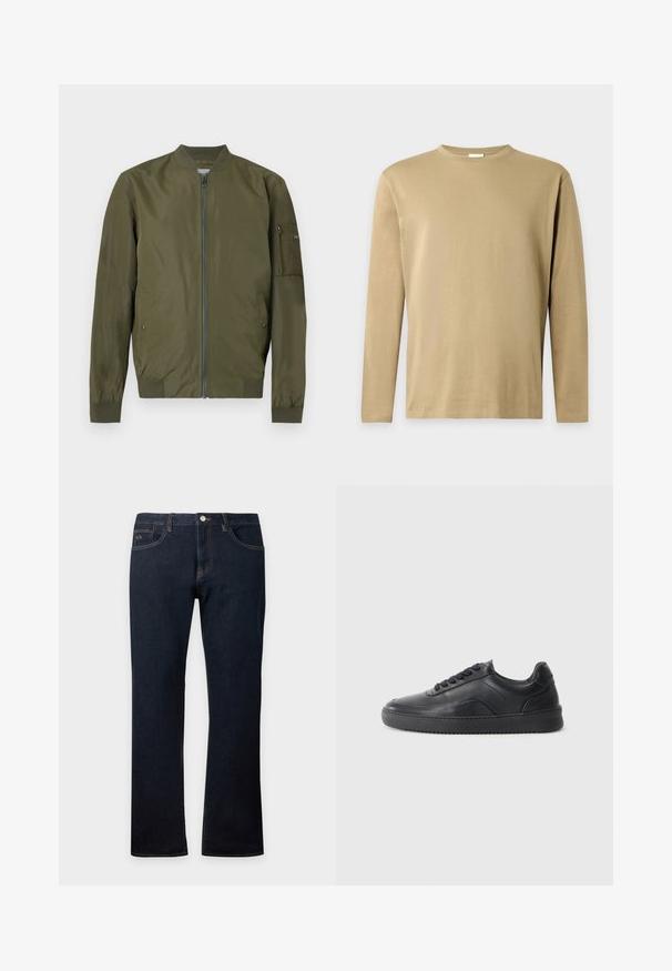 Χακί bomber μπουφάν με φερμουάρ μπροστά, ribbed γιακά, μανσέτες, τελείωμα και τσέπη με φερμουάρ στο αριστερό μανίκι.; Μπεζ μακρυμάνικη μπλούζα με στρογγυλή λαιμόκοψη και απλό, μονόχρωμο σχέδιο σε ανοιχτό γκρι φόντο.; Σκούρο μπλε τζιν με ίσια γραμμή, εμπρόσθιες και οπίσθιες τσέπες, ορατή ραφή και κλείσιμο με κουμπί στη μέση.; Μαύρο δερμάτινο αθλητικό παπούτσι με λεία επιφάνεια, στρογγυλή μύτη, υφασμάτινη πλευρική επένδυση και μαύρες κορδόνες. Διαθέτει επίπεδη ελαστική σόλα και μίνιμαλ σχέδιο.