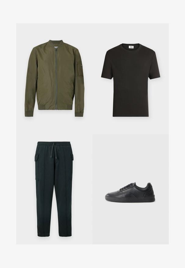 Veste bomber vert olive avec fermeture éclair sur le devant, col, poignets et ourlet côtelés, et une poche zippée sur la manche gauche.; T-shirt noir uni à manches courtes, côtelé, col rond, avec une petite étiquette de marque blanche à l'intérieur du col arrière.; Pantalon de survêtement noir avec taille à cordon, poches latérales, détail poche cargo et coutures visibles. Tissu doux avec une coupe décontractée.; Chaussure de sport en cuir noir avec une finition lisse, bout arrondi, panneau latéral texturé et lacets noirs. Présente une semelle en caoutchouc plate et un design minimaliste.