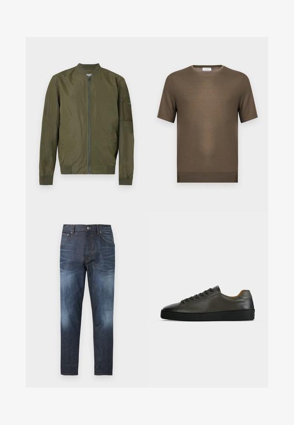 Veste bomber vert olive avec fermeture éclair sur le devant, col, poignets et ourlet côtelés, et une poche zippée sur la manche gauche.; Pull en maille vert olive à manches courtes avec encolure ronde et ourlet côtelé, présenté sur fond blanc uni.; Jean slim bleu foncé avec des zones délavées sur les cuisses et les genoux, poches avant, passants pour ceinture et fermeture par bouton à la taille.; Basket basse en cuir gris foncé avec lacets et semelle noirs, design minimaliste, profil latéral sur un fond clair uni.