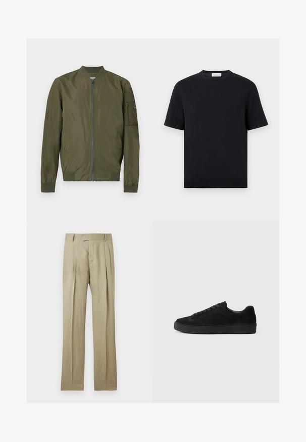 Veste bomber vert olive avec fermeture éclair sur le devant, col, poignets et ourlet côtelés, et une poche zippée sur la manche gauche.; T-shirt noir à manches courtes avec col rond, ourlet et poignets côtelés, design uni, présenté sur un fond blanc.; Pantalon beige ajusté avec plis à l'avant, passants pour ceinture, et coupe droite, présenté sur un fond uni.; Basket en suède noire avec une semelle plate et texturée, un bout rond, six œillets pour les lacets et un design minimaliste.