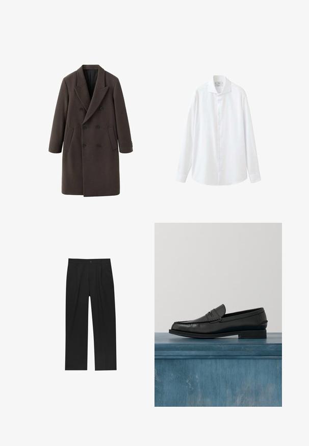 Manteau en laine marron à double boutonnage, doté d'un large revers, de deux poches latérales et de boutons noirs. Texture lisse avec une silhouette cintrée.; Chemise blanche à manches longues avec boutons, col pointu et poignets, affichée sur fond blanc.; Pantalons noirs au design droit, fabriqués à partir d'un tissu lisse. Dotés de plis sur le devant et d'une fermeture à un bouton à la taille.; Mocassins noirs en cuir avec un design élégant, comportant un bout cousu et une finition lisse. La chaussure possède un talon bas et un minimum de détails.