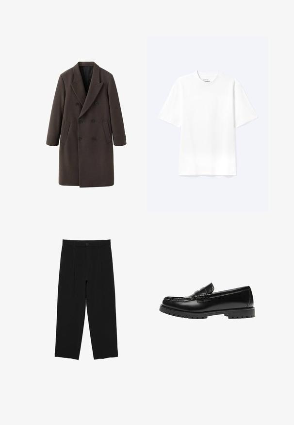 Manteau en laine marron à double boutonnage, doté d'un large revers, de deux poches latérales et de boutons noirs. Texture lisse avec une silhouette cintrée.; T-shirt blanc uni à manches courtes et col rond avec une coupe décontractée, présenté sur un fond clair.; Pantalon noir à jambes larges avec passants de ceinture, bouton à l'avant et design plissé, présenté sur un fond blanc.; Mocassin en cuir noir avec une semelle en caoutchouc épaisse et un détail classique de bride à monnaie, vu de côté extérieur.