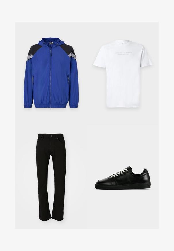 Veste légère bleue avec capuche, dotée d'accents noirs aux épaules et de détails rayés. Fermeture zippée à l'avant et poignets élastiques. Texture lisse.; T-shirt en coton blanc avec col rond, manches courtes et logo en relief "ARMANI EXCHANGE MILANO/NEW YORK" sur le devant.; Jean en denim noir avec une coupe droite, doté d'une taille classique, de poches avant et d'une texture lisse. Pas de motifs ni d'accents visibles.; Baskets basses en cuir noir avec lacets blancs, semelle plate noire et détails subtils de couture, visibles de profil sur un fond gris.