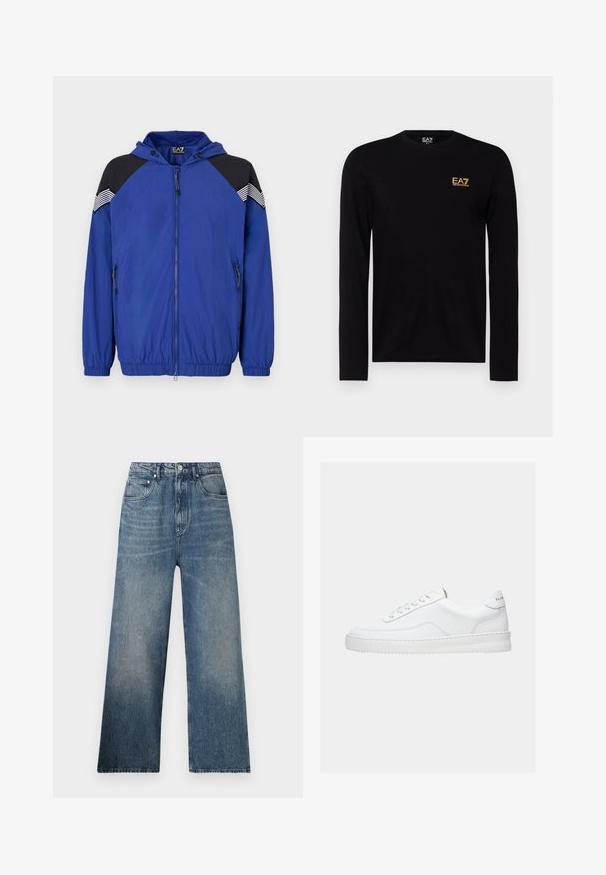 Veste légère bleue avec capuche, dotée d'accents noirs aux épaules et de détails rayés. Fermeture zippée à l'avant et poignets élastiques. Texture lisse.; T-shirt à manches longues noir en coton, avec un logo doré EA7 sur la poitrine gauche. Design à col rond avec des manches ajustées.; Jean large en denim bleu à taille haute, avec une légère décoloration, cinq poches et une fermeture à bouton en métal à l'avant.; Baskets basses blanches avec un design à lacets, dessus en cuir lisse et semelle épaisse, montrées de profil sur un fond uni.